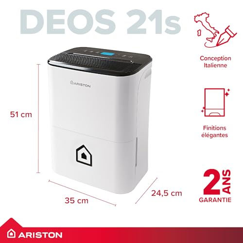 Ariston Déshumidificateur Silencieux avec Contrôle WiFi - 21L pour Pièces Jusqu'à 52 m² - Haut de Gamme, Buanderie, Élec
