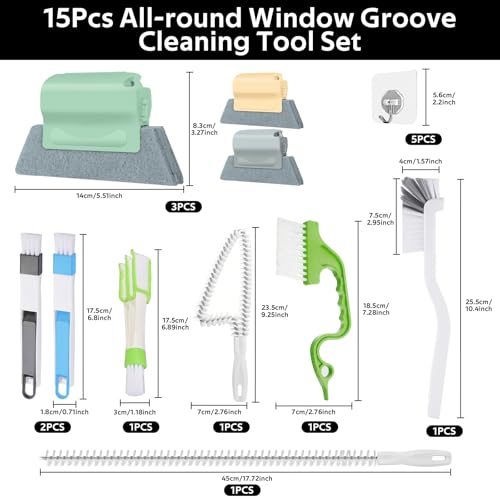 Annickee 15 Brosse Nettoyage Rainure Fenêtre Set, 15 Pièces avec 5 Crochets pour Porte Coulissante, Volet et Climatiseur