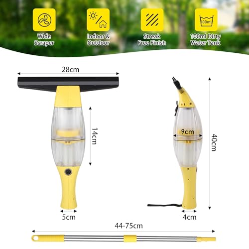 Nettoyeur de vitres électrique sans fil Jaune avec manche télescopique et autonomie batterie 40 min