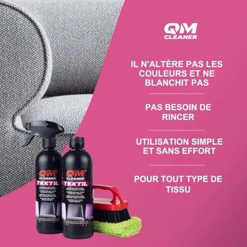 QM Nettoyant de Tissus pour Chaises, Fauteuils et Tapis - Kit avec Microfibre Premium et Brosse Extra-Étendue