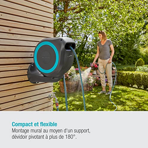 Gardena Enrouleur de tuyau mural roll-up S turquoise - Longueur 15m - Ø11mm - Garantie 5 ans - Dévidoir pivotant 180° - 