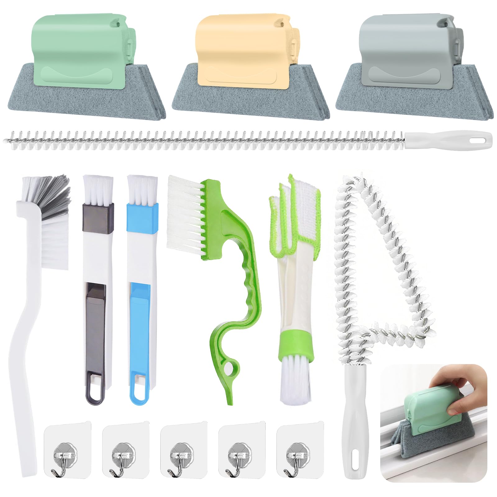 Annickee 15 Brosse Nettoyage Rainure Fenêtre Set, 15 Pièces avec 5 Crochets pour Porte Coulissante, Volet et Climatiseur