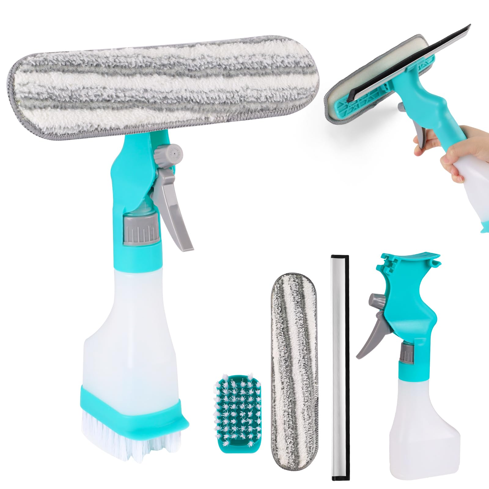 Nettoyeur de fenêtres 4 en 1 Flacon pulvérimiteur : Kit nettoyage fenêtre douche double face - pour fenêtres, salle de b